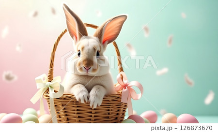 Cute Bunny in a Wicker Basket with Easter Eggs with Pastel Background 126873670