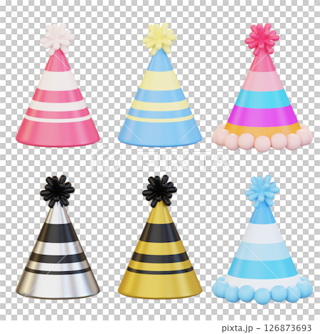 Party cone hats in various colors 3D graphic 126873693