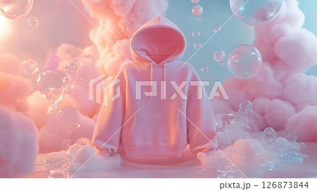 Pastel background 3D mockup of a hoodie featuring floating lip balm elements with dreamy highlights and soft magical particles Beauty-Inspired Fashion Concepts Home and Lifestyle Visual Aesthetics 126873844