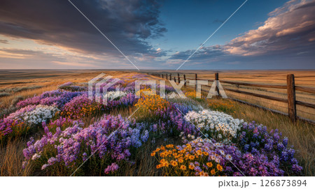 Vibrant field of wildflowers in various colors blooms under dramatic sky, with wooden fence stretching into distance 126873894