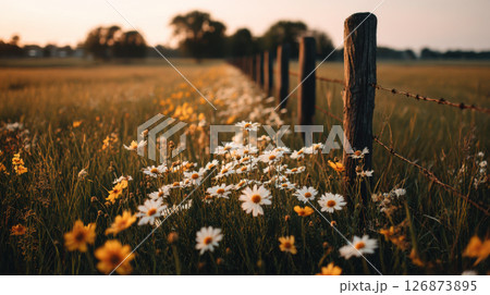 Serene field of wildflowers, including daisies, stretches alongside rustic wooden fence at sunset 126873895