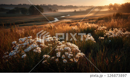 Golden sunrise over misty meadow with wildflowers and winding stream, creating serene and peaceful prairie landscape 126873897