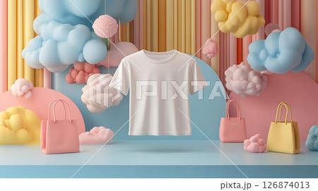 Pastel background 3D mockup of a T-shirt styled with a necklace and pendant motif, surrounded by surreal sparkles and abstract floating lights Beauty and Wellness Themes on Apparel Home-Inspired	 126874013