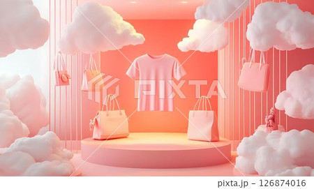 Pastel background 3D mockup of a T-shirt styled with a necklace and pendant motif, surrounded by surreal sparkles and abstract floating lights Beauty and Wellness Themes on Apparel Home-Inspired	 126874016
