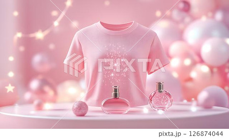 Pastel background 3D mockup of a T-shirt styled with a necklace and pendant motif, surrounded by surreal sparkles and abstract floating lights Beauty and Wellness Themes on Apparel Home-Inspired	 126874044