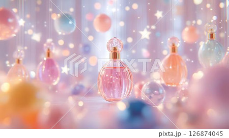 Pastel background 3D mockup of a T-shirt styled with a necklace and pendant motif, surrounded by surreal sparkles and abstract floating lights Beauty and Wellness Themes on Apparel Home-Inspired	 126874045