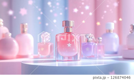 Pastel background 3D mockup of a T-shirt styled with a necklace and pendant motif, surrounded by surreal sparkles and abstract floating lights Beauty and Wellness Themes on Apparel Home-Inspired	 126874046