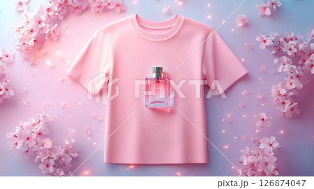 Pastel background 3D mockup of a T-shirt styled with a necklace and pendant motif, surrounded by surreal sparkles and abstract floating lights Beauty and Wellness Themes on Apparel Home-Inspired	 126874047