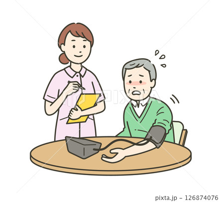 白衣高血圧で血圧が上がる高齢男性と看護師の上半身イラスト 白衣高血圧で血圧が上がる高齢男性と看護師の上半身イラスト 126874076