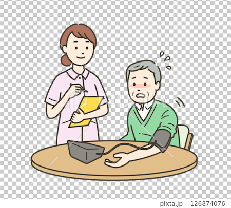 白衣高血圧で血圧が上がる高齢男性と看護師の上半身イラスト 白衣高血圧で血圧が上がる高齢男性と看護師の上半身イラスト 126874076