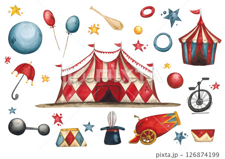A set of circus items: tent, balls, skittles, cannon, weights, umbrella, hat, unicycle A set of circus items: tent, balls, skittles, cannon, weights, umbrella, hat, unicycle 126874199