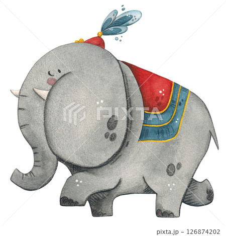 Elephant, gray in a circus cap and cape, watercolor illustration Elephant, gray in a circus cap and cape, watercolor illustration 126874202