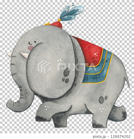 Elephant, gray in a circus cap and cape, watercolor illustration 126874202