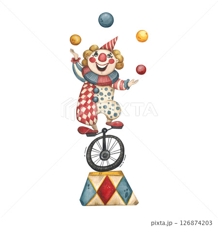 A clown on a unicycle juggles balls on a stand 126874203
