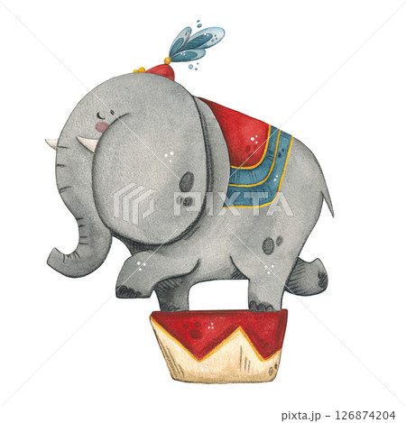 Watercolor composition on a white background of a circus elephant standing on a pedestal 126874204