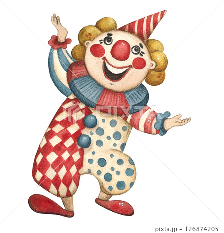 Circus clown looks up hand drawn watercolor illustration 126874205
