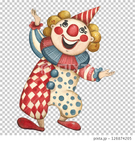 Circus clown looks up hand drawn watercolor illustration 126874205