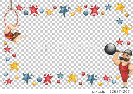 Rectangular frame with a circus gymnast and strongman surrounded by stars and balls Rectangular frame with a circus gymnast and strongman surrounded by stars and balls 126874207