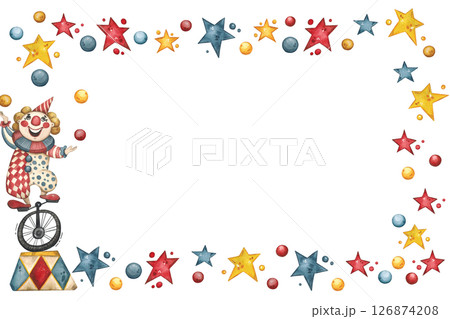 Rectangular frame with a circus clown juggler surrounded by stars and balls 126874208