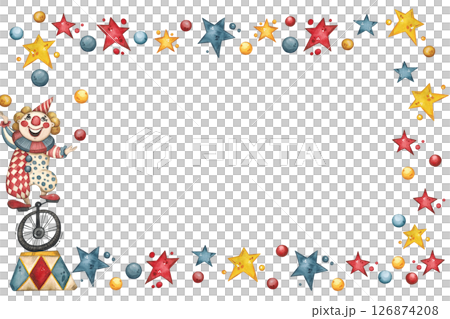 Rectangular frame with a circus clown juggler surrounded by stars and balls 126874208