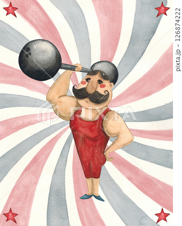 Colorful poster, strongman with a barbell on a striped background Colorful poster, strongman with a barbell on a striped background 126874222