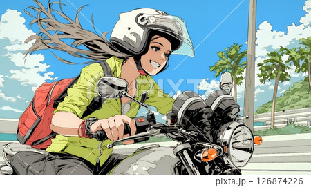 バイクに乗っている若い女性