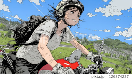 バイクに乗っている若い女性