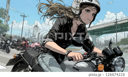バイクに乗っている若い女性