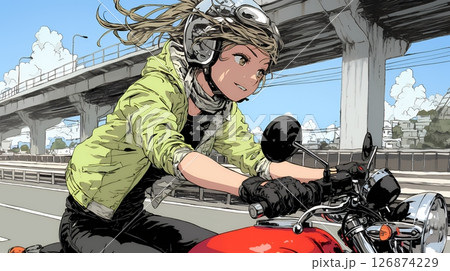 バイクに乗っている若い女性