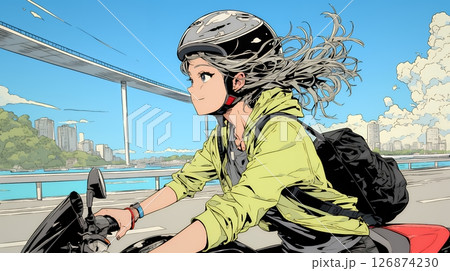 バイクに乗っている若い女性