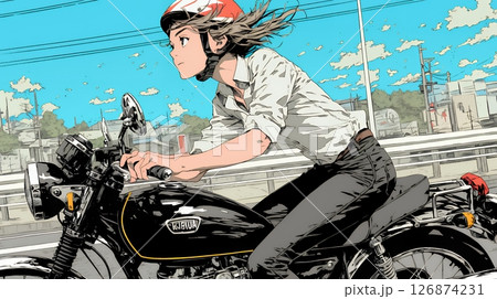 バイクに乗っている若い女性