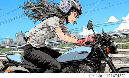 バイクに乗っている若い女性