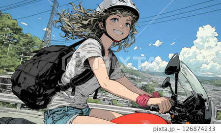 バイクに乗っている若い女性