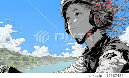 バイクに乗っている若い女性