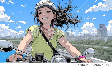 バイクに乗っている若い女性
