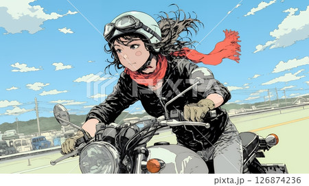 バイクに乗っている若い女性