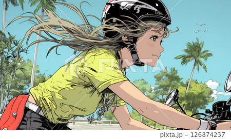 バイクに乗っている若い女性