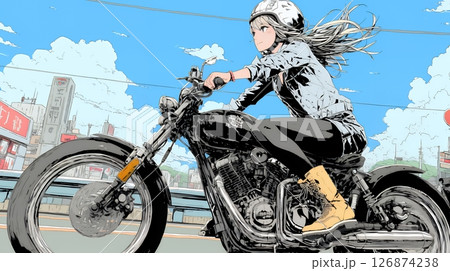 バイクに乗っている若い女性