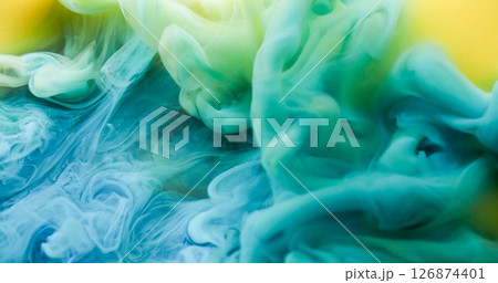 Smoke blend. Haze flow. Blue turquoise yellow swirl color stream. Paint mixing art splash defocused abstract background floating wave. 126874401