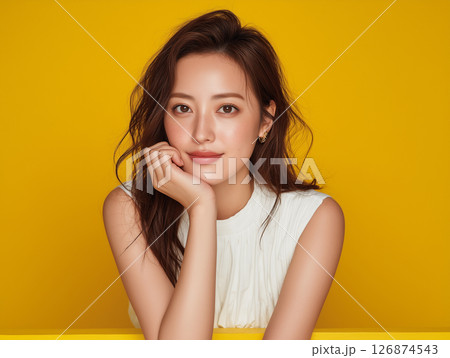 鮮やかな黄色背景で微笑む女性のポートレート写真 126874543