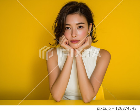 顎に両手を添え正面を見つめる女性の人物写真 126874545