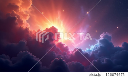 A breathtaking cosmic nebula with glowing hues of orange, pink, and purple amidst soft, fluffy clouds and stars 126874673
