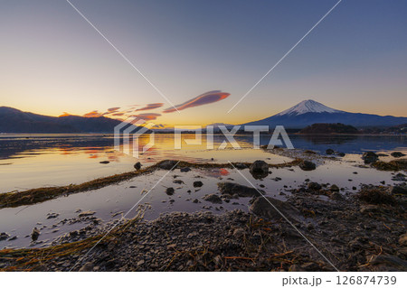 Sunset over Lake Kawaguchiko with Mount Fuji and Lenticular Clouds 126874739