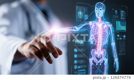 A doctor carefully examines a virtual x-ray projection with focused attention. The integration of advanced technology in medical diagnostics. Generative AI. 126874779