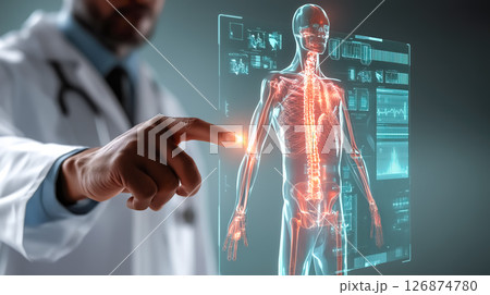 A doctor carefully examines a virtual x-ray projection with focused attention. The integration of advanced technology in medical diagnostics. Generative AI. 126874780