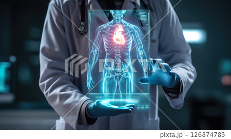 A doctor carefully examines a virtual x-ray projection with focused attention. The integration of advanced technology in medical diagnostics. Generative AI. 126874783