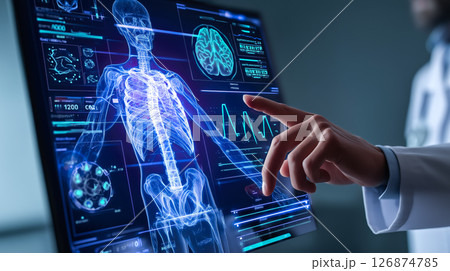 A doctor carefully examines a virtual x-ray projection with focused attention. The integration of advanced technology in medical diagnostics. Generative AI. 126874785