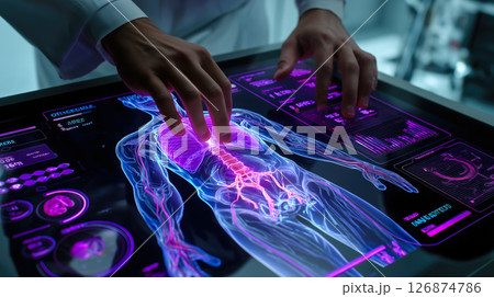 A doctor carefully examines a virtual x-ray projection with focused attention. The integration of advanced technology in medical diagnostics. Generative AI. 126874786