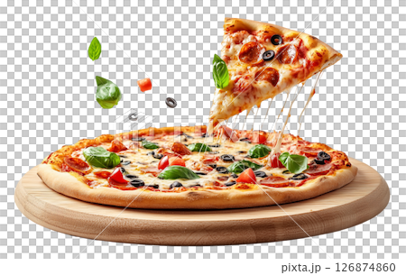 Flying wooden board with pizza isolated on white background png transparent clipart. 126874860