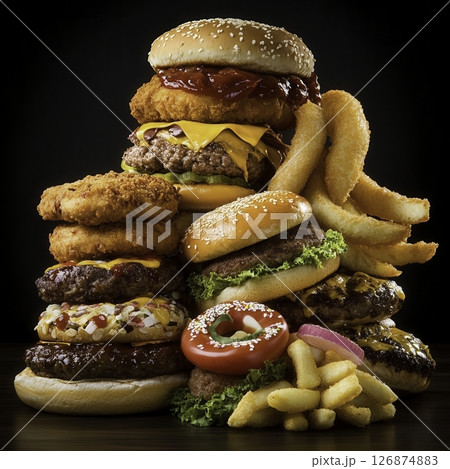 A Delicious Variety of Fast Food Featuring Burgers, Onion Rings, and French Fries 126874883